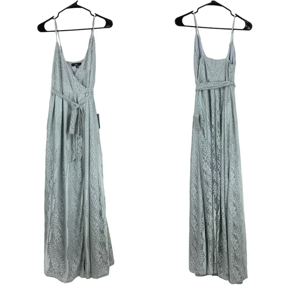 Lulu’s NWT Lovely in Lace Dusty Blue Lace Sleeveless Wrap Maxi Dress Size M - Picture 3 of 11